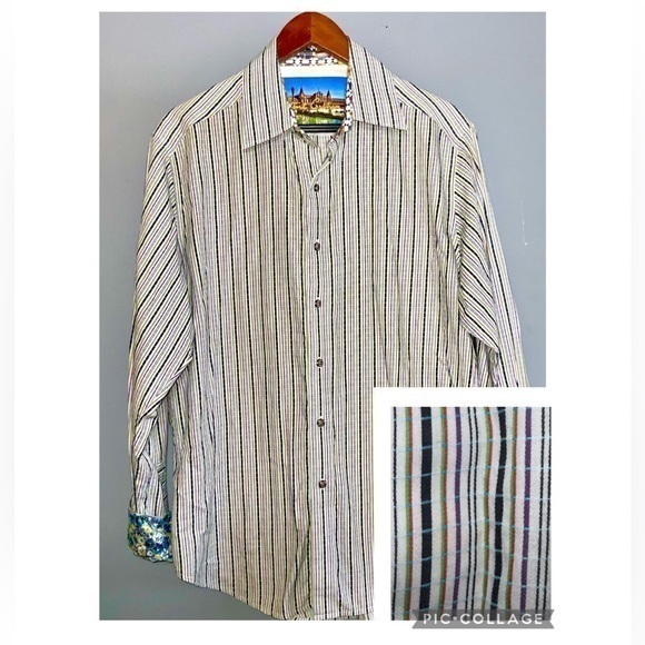 Robert Graham Purple Turquoise Lime Green Striped Button Front Casual Shirt Lg - Picture 1 of 16